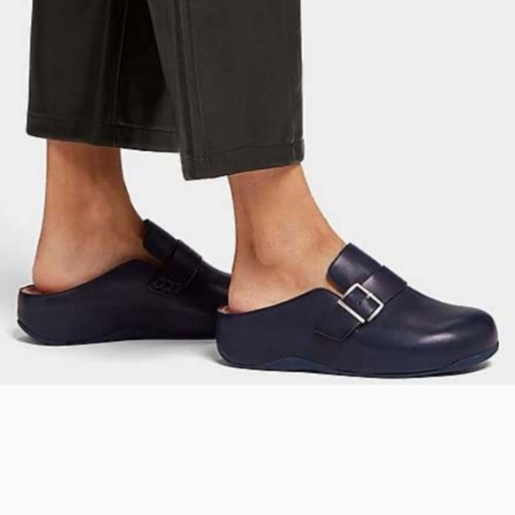 Fitflop Shoes - FitFlop SHUV Leather Buckle Clogs FK7-399 Slides Anti-slip Women's Size 8 Blue